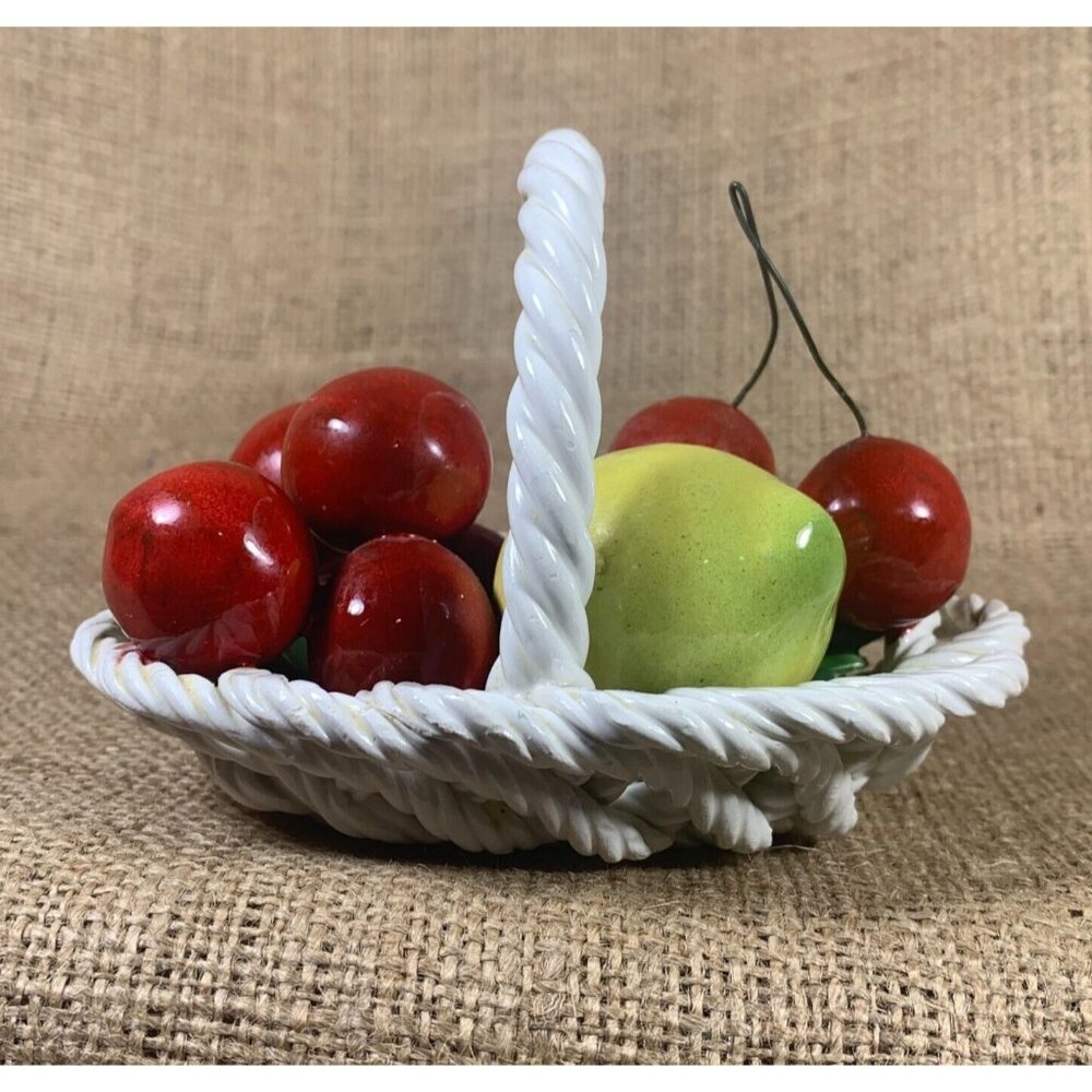 Vintage Ceramic Laced Fruit Basket 4.5" Oval Lemon Cherries Made in Italy